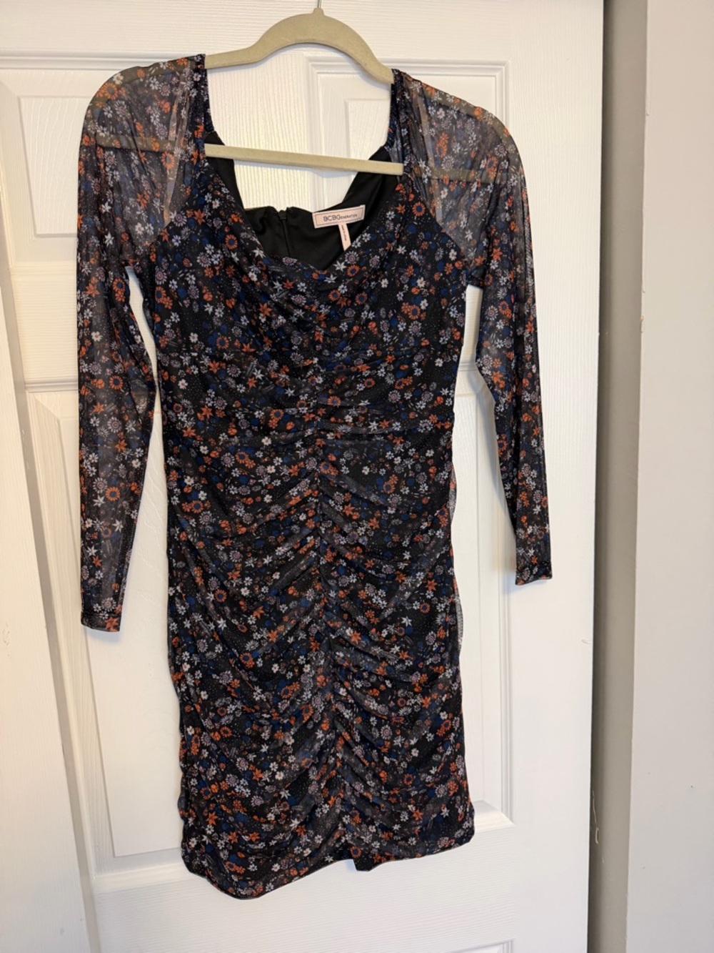 BCBGeneration Navy Floral Ruched Long-Sleeve Mesh Dress